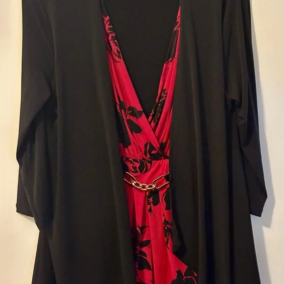 Jaclyn Smith Collection XL Red Black Floral Faux Wrap Dress Overlay Cardigan - Picture 15 of 16